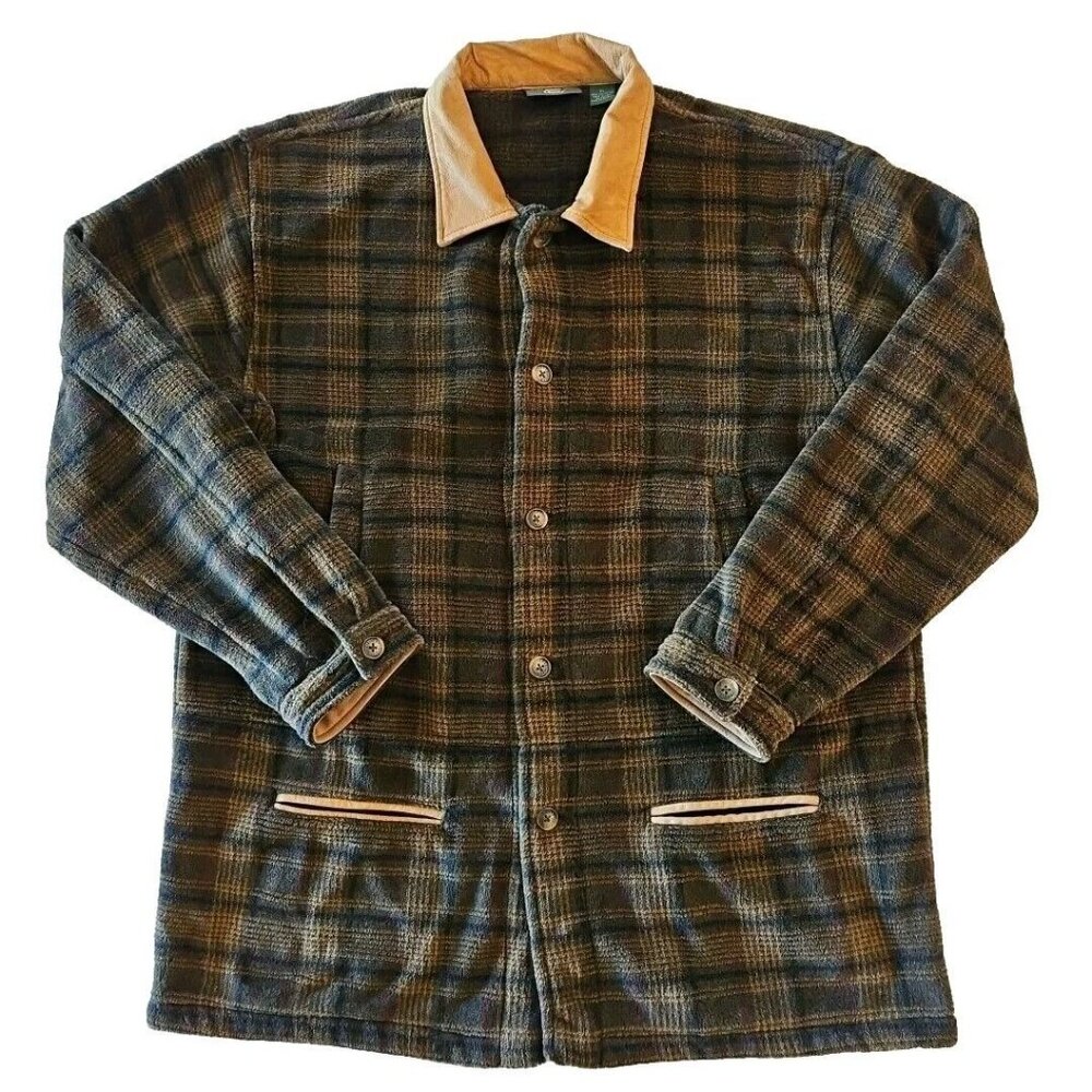 Orvis Fleece Teddy Jacket Mens XL Brown Black Plaid Faux Suede Utility Vintage - Picture 5 of 13